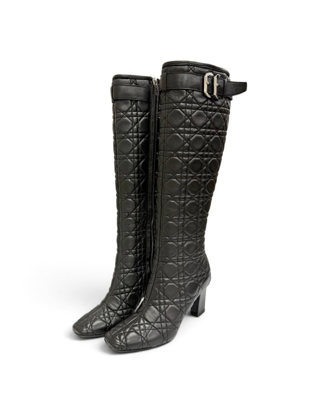 Dior Cannage Side Zip Leather Long Boots Black Silver